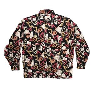 Vintage 90s ITALIAN BOHO Button Up Rayon Shirt - Multicolor Geometric Pattern